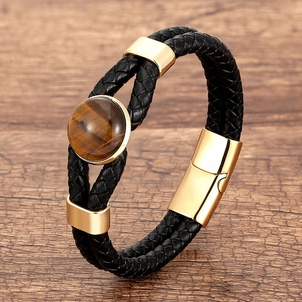 Pulseira de Couro Com Pedra Masculina